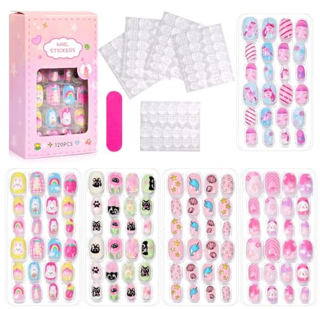 120 Piezas Postizas Acrílicas Para Niños, Patrón de Unicornio Kits de Uñas Postizas Cortas, Regalos Para Niños Y Niñas