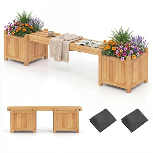 RELAX4LIFE Fioriere da Esterno con Panchina, in Legno di Abete, Panca da Giardino per 2 Persone, con Base a Doghe Removibile e Design ad Incastro, per Balcone e Terrazzo (Naturale,169x35x35cm)
