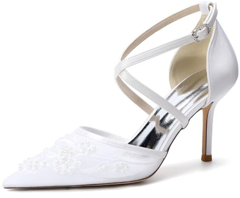 LRMYMHY Scarpe da Sposa in Pizzo da Donna con Perle Cinturino alla Caviglia Punta A Punta Tacchi da Sposa per Testimone,Bianca,37 EU