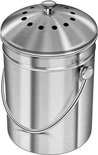 Senua Compost Bin, Stainless Steel Indoor Compost Bucket for Kitchen Countertop Odorless Compost Pail for Kitchen Food Waste with Carrying Handle 5 Litre Easy to Clean (Silver)