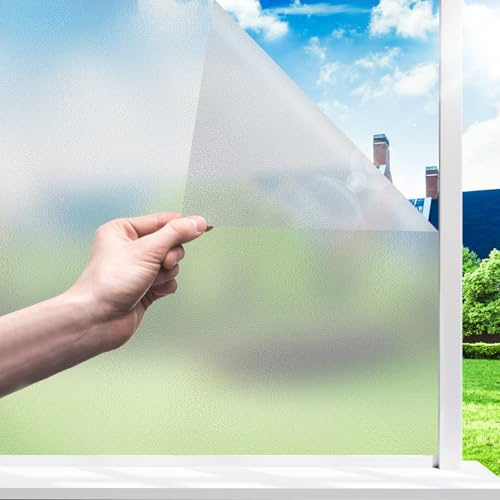 Funfox Frosted Window Film Privacy Opaque Vinyl Sticker 90x400cm, Matt Glass Film Static Cling for Bathroom Door & Office, Non-Adhesive UV Protection, Pure Frost