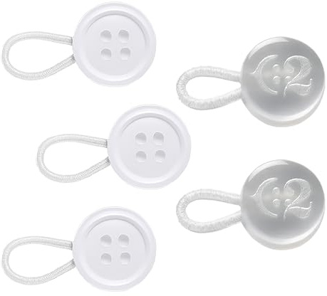 C2 5Pcs Mixed Sizes Shirt Button Extenders White - Adds up to 3 sizes (1.3cm to 2.5cm) 10mm Diameter Buttons (16L) - Elastic Cufflink and Collar Button Extensions (Small, Medium, Large)