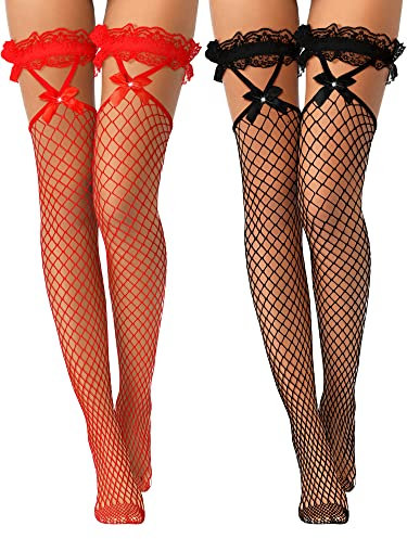 Geyoga 2 Paar Netzstrümpfe mit Spitzenoberteil Schleifen Oberschenkelhohe Halterlose Strümpfe für Frauen (Schwarz, Rot)