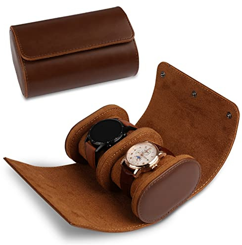 RoYiio Caja de Reloj cilíndrica con 2 Ranuras, Estuche de viaje para reloj, Caja de Reloj Vintage para Hombres y Mujeres - Versión mejorada Marrón