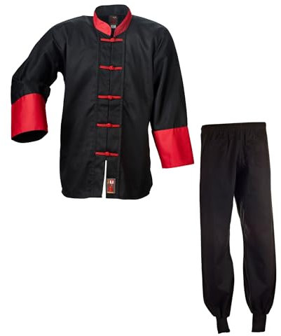 Ju-Sports Kung Fu Anzug Schwarz/Rot, Cotton 180 I Solider Kampfanzug im klassischen Schnitt I Mit Kordelknöpfen & Bündchenhose mit Elasikbund I 100% Baumwolle
