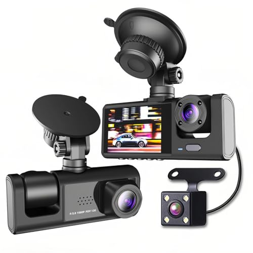 Cámara de Tablero de Alta Definición 1080P, Tres Vías, Gran Angular, Grabación Interior y Exterior del Automóvil con Imagen en Imagen, Fácil Instalación, Soporte de Idiomas
