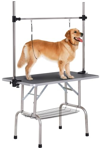 PawHut Table de toilettage pour Animaux de Compagnie Table de toilettage Pliante avec Support de Rangement Cadre en Acier Hauteur réglable 20-80 cm 107x60x170 cm Noir