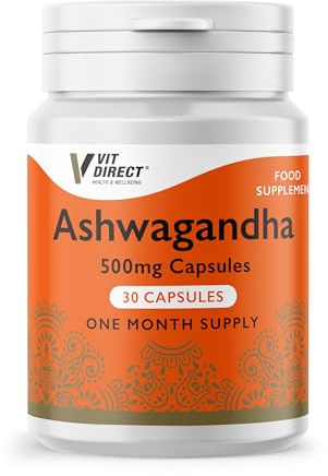 Vit Direct - Ashwagandha - 30 Capsules - 500mg - Daily Supplement - One Month Supply - Anxiety & Mood Support - Improve Muscle Strength & Recovery - Supports Brain Function - Easy to Take
