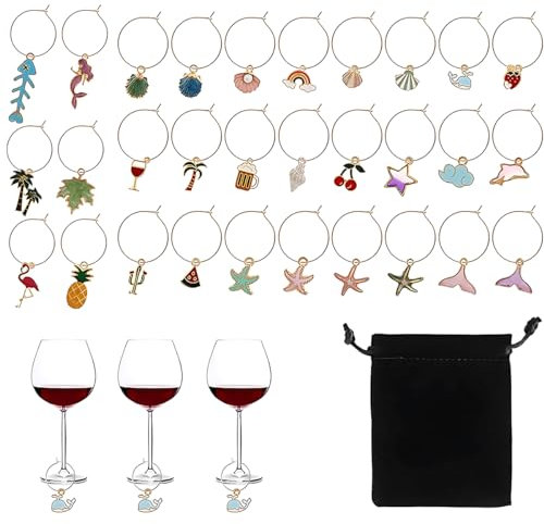 LEEQ 30 PCS Segna Bicchieri Calici - Segnabicchieri Ciondoli per Bicchieri di Vino Set, Segnabicchieri per Calici, Decorazioni per Feste Degustazione di Vini