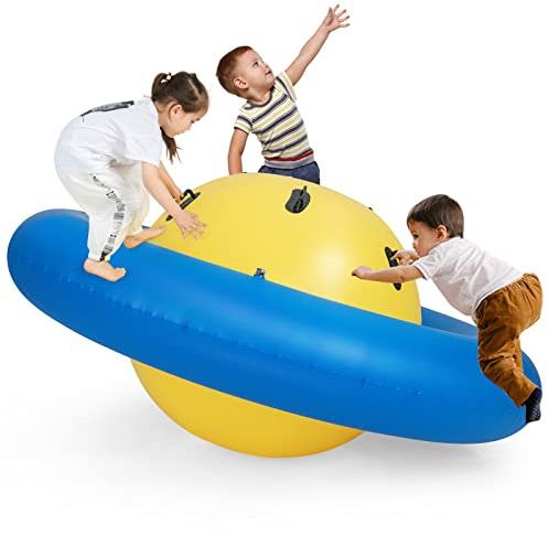 COSTWAY Balancín Inflable para Niños Mayores de 5 Años, 223 x 123 cm con 6 Asas Incorporadas, Balancín Inflable con Cúpula (Amarillo)