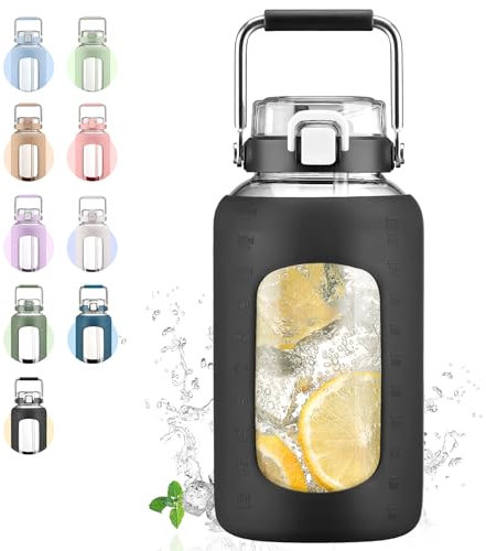WINSA 84oz Glass Water Bottle with Stainless Steel Handle,2.5L Gallon Water Bottle with 2-IN-1 Straw Lid, Silicone Sleeve and Motivational Capacity Marker, Wide Mouth Water Jug For Gym, Workout, Black