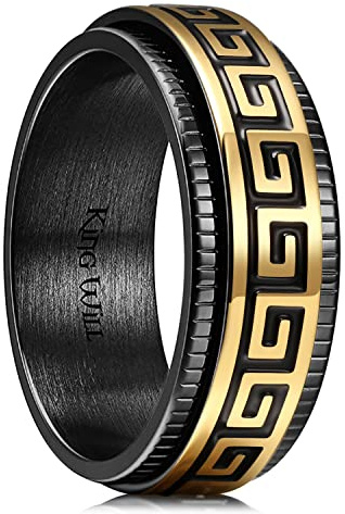 King Will Stainless Steel Spinner Wedding Band for Men 8mm Black Golden Plated Greek Key Ring Fidget Ring