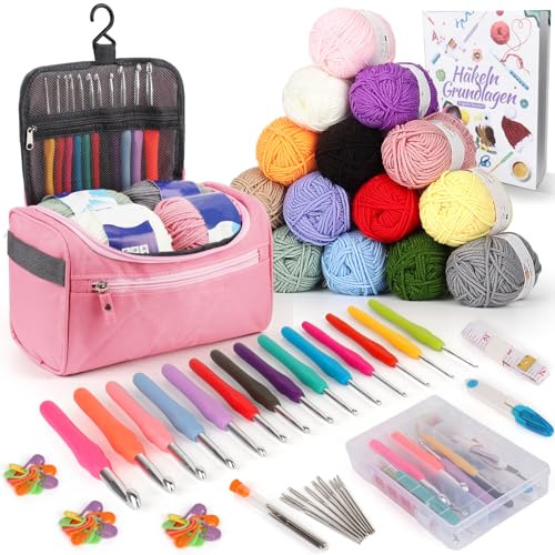 Coopay Juego de 73 agujas de ganchillo para principiantes, juego de agujas de ganchillo portátiles con 15 lana, bolsa, accesorios de ganchillo, 2,0-10 mm, agujas de ganchillo ergonómicas con mango
