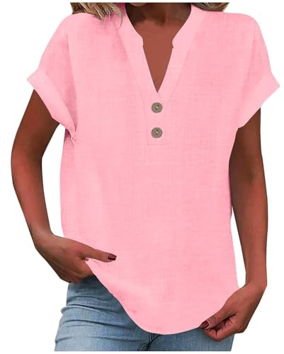 KOG Damen T-Shirts Sommer Leinenshirt Oberteile Elegant Kurzarm Blusenshirt Frau Oberteil Retro Baumwolle Leinen Tshirts Rundhals Lässig Tops Rosa XL