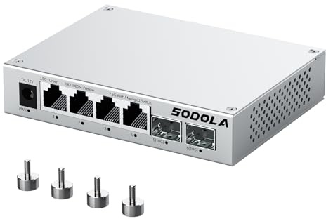 SODOLA Switch Ethernet 2.5Gbps 6 Ports géré Via Le Web, 4 Ports RJ45 2.5G, 2 Ports SFP+ 10G, Refroidissement en Alliage d'aluminium et Montage magnétique, Convient pour Le Bureau et la Maison