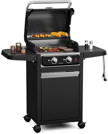 Blumfeldt ElectricPro Elektrogrill 3000W - Für Balkon & Draußen, Kompakte Seitentische, Gusseisen Grillrost, 100-330°C, Thermometer, Leicht Reinigbar, Flexibel Einsetzbar