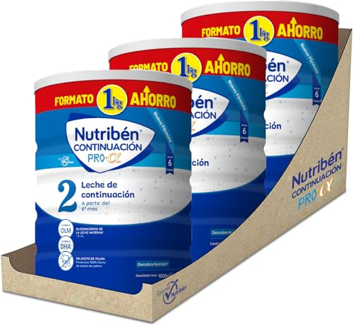 Nutribén Continuación Pro Alfa 2 - Leche en Polvo Bebé Continuación - Leche de Fórmula a Partir de los 6 Meses - sin Aceite de Palma - con DHA y OLM - 3 Botes de 1KG