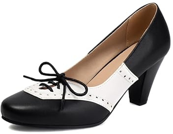 elerhythm Mary Jane Escarpins à talons bicolores classiques et rétro à lacets Style années 1950 Vintage Bout rond fermé des années 1940, Noir , 38.5 EU