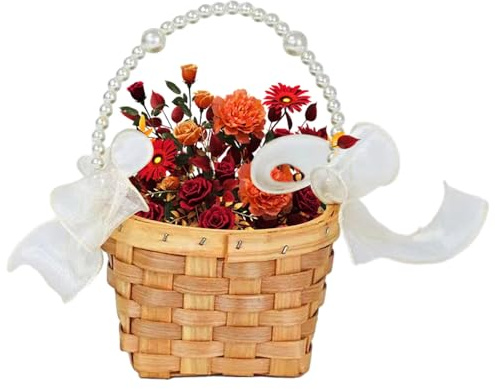 Cestino rotondo da forno per fiori – cestino a mano con manico, in legno, piccola ragazza di fiori | ragazza spargere con fiocchi, palmare, con manico, per decorazione matrimonio festa