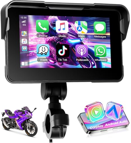 Motorsi Navegación para Motocicleta con Apple Carplay Android Auto Inalámbrico, Autoradio Portátil con Pantalla Táctil HD De 5 Pulgadas con Bluetooth FM, Impermeable IP68, Navegación GPS, Tarjeta TF
