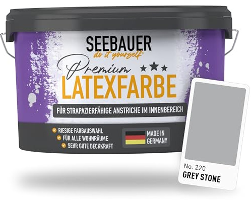 SEEBAUER diy Latexfarbe Grau für Innen 2,5L (No. 220 Grey Stone) - Seidenmatte Innenfarbe für Putz, Beton & Mauerwerk - Abwaschbare Wandfarbe für Küche & Bad