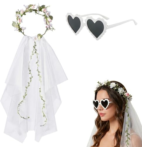 GWEOR Kit Décoration EVJF Complet, Bandeau Fleuri, Voile Blanc et Lunettes Cœur, Accessoires Bride to Be et Team Bride pour Cérémonie de Mariage