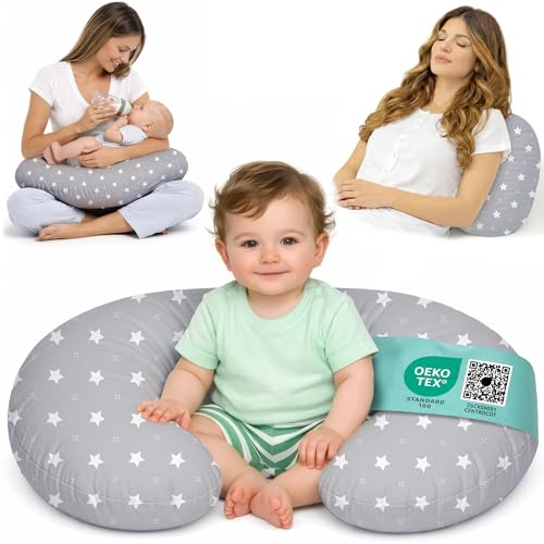 Flowen Cojín Lactancia Bebé y Almohada Embarazada Idea Regalo para Nuevas Mamás con Funda de 100% Algodón Almohada Multifuncional para Apoyo Espalda y Relleno Suave Accesorio de Maternidad
