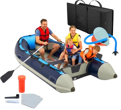 Relaxdays Bateau pneumatique 4 pers. 3,20 m, pagaies, Pompe, Sac, Fond alu, Bateau de pêche, Bleu et Blanc