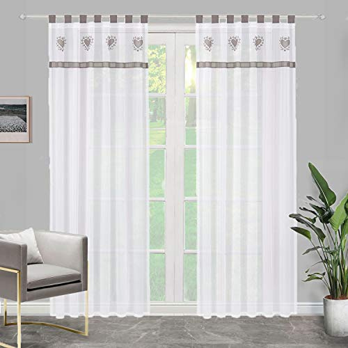 SIMPVALE 2er Set Vorhänge mit Schlaufen - Gardine Voile mit süßem Herz Stickerei - Fensterbehandlung für Schlafzimmer Wohnzimmer Kinderzimmer Balkon, Grau, 140x175cm