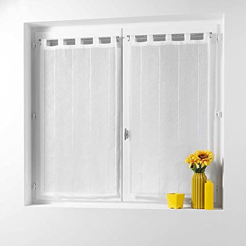 Suavidad Interior, par de visillos con Trabillas (2 x 45 x 160 cm) Linahe Blanca, Velo Arenado Hilos de Chenilla