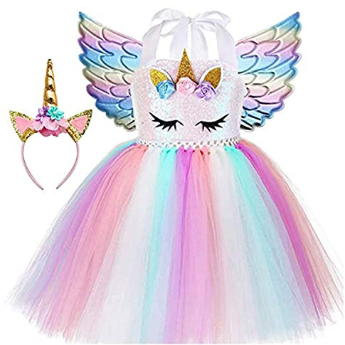 Sincere Party Tutu per bambina in tulle con unicorno Abito per compleanno con unicorno rosa soffice con fascia e ali 8-9 anni(130cm-140cm)