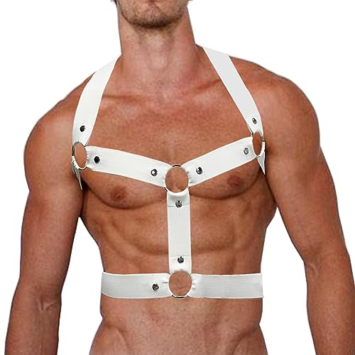 KKmeter Men's Strong Body Chest Nylon Harness Elastic Support Brace Club Wear Costumes (White-A)