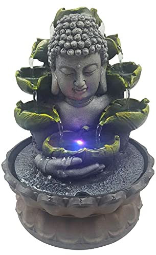 Futchoy Fontana da interni, decorazione Buddha, decorativa, in resina, con lampada LED a 4 colori (Blu, Verde)