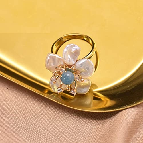 SALAN Anillo De Perla Azul Claro con Forma De Flor Barroca Natural, Regalo para Mujer, Esposa Sorpresa, Joyería De Diseño Elaborado para Personas Mayores