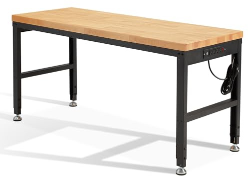 HABUTWAY Height Adjustable Workbench 60 2000 Lbs Capacity Solid Wood Work Station Heavy-Duty Work Tables with Power Outlets for Garage Party Shop Office