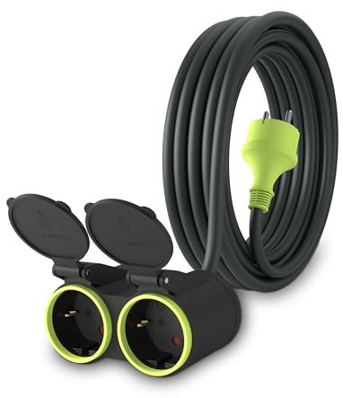 MutecPower 5m Cavo di prolunga con 2 prese Schuko per uso esterno IP44 H05RR-F3G 1,5mm² doppia prolunga con 2 prese con contatti di protezione cavo in gomma da esterno 5 metri nero/verde