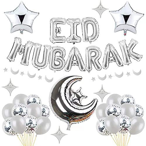 Decoration Eid Mubarak argent Decoration Aid Moubarak Banderole Eid Mubarak Ballons Etoile Lune Guirlande Décor Gâteau Décoration Ramadan musulman islamique Parti