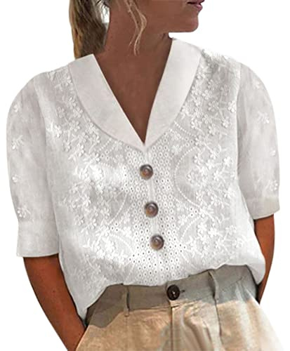 Onsoyours Chemisier Femme T-Shirt Manche Courte Dentelle Oversized Lin Coton Blouse Tunique Casual Col V Couleur Unie Hauts Sexy Mode Chemise Tops Z3 Blanc 3XL