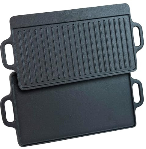 Gr8 Home Cast Iron Reversible Griddle Plate Pre-Seasoned Non-Stick BBQ Pan Oven Hot Plate Ribbed Skillet with Handles