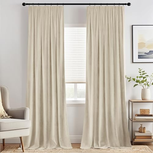 MIULEE Samtvorhang mit Kräuselband 2er Set 140X260 cm, Schöne Dicke und Schwere Wohnzimmer Schlafzimmer Deko Blickdichte Vorhänge, Beige Samt Gardinen Verdunkelung Thermovorhang Samt kräuselband