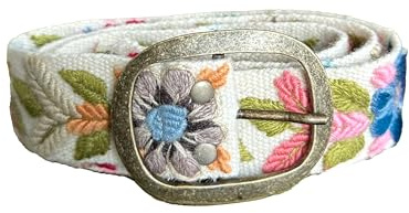 Handmade Peruvian Ayacucho Belt - Embroidered Belt for Women, Round Buckle, Floral Design, Adjustable, Durable (White, Square Buckle)