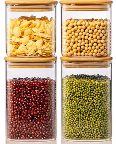 42oz & 27oz - 4 Pack Square Glass Jars with Bamboo Lids, Glass Food Storage Containers with Airtight Lids for Kitchen, Air Tight Pantry Storage Containers for Cereal, Pasta, Rice, Sugar, Coffee, Spice