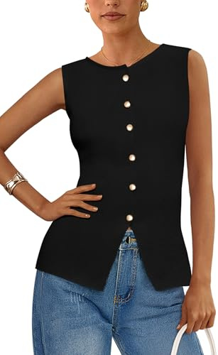 PRETTYGARDEN Women's Sweater Vest Button Down Summer Tank Tops 2026 Sleeveless Knit Vests Spring Fashion Business Casual Outfits (Black,M)