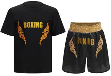 Miaeowve Barn pojke Wushu dräkt fitness sport kläder set kortärmad topp med muay thai kick boxshorts sportkläder kampsport kamputrustning, Svart guld A, 158-164