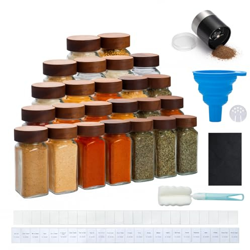 BLUE BAZAAR Glass Spice Jars Set 120ml Clear Kitchen Storage Jars with Airtight Wooden Lids, Glass Spice Jars Funnel & Chalkboard Labels – Seasoning Containers for Herbs & Spices (Wood Lid, 24PCS)