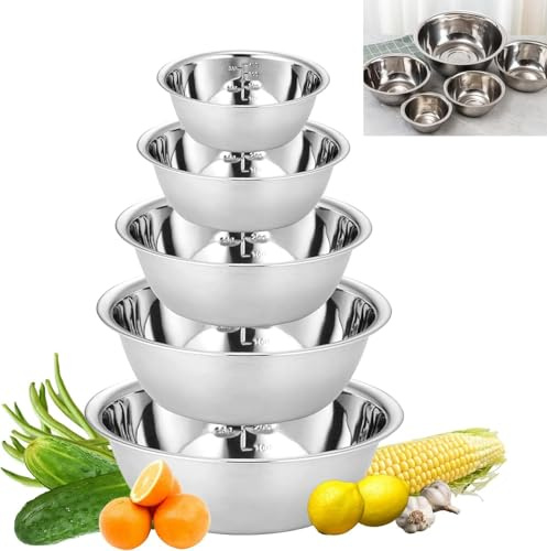 Ciotola in acciaio inox, ciotola per mescolare in acciaio inox, fondo piatto, graduata, impilabile, adatta per servire cibo, prodotti da forno e insalate miste, set da 5, diametro 14/16/20/22/24 cm