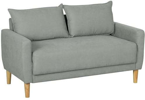 HOMCOM Divano 2 Posti in Tessuto con Braccioli e Vano Portaoggetti, 2 Cuscini Rimovibili, Divanetto 2 Posti Moderno Imbottito con Gambe in Legno per Soggiorno, Salotto o Camera da Letto, Grigio
