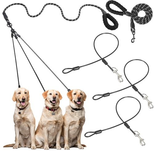 Sunnymove 3 Dog Leash No Tangle Chew Proof Dog Leash Absorbing Bungee with Heavy Duty Metal Cable Lead, No Tangle 360° Swivel Multiple Pet Walking Rope for Small and Medium Pet(Black)