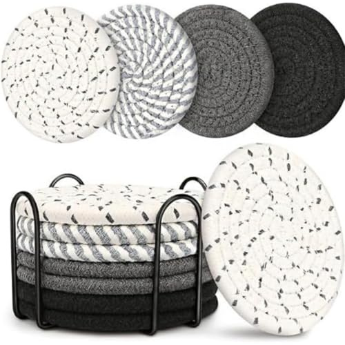 Posavasos Redondos con Soporte de Algodón Trenzado - Juego de 8 Antideslizantes para Tazas, Vasos y Bebidas - Ideal para Casa, Oficina, Bar (Gris negruzco)