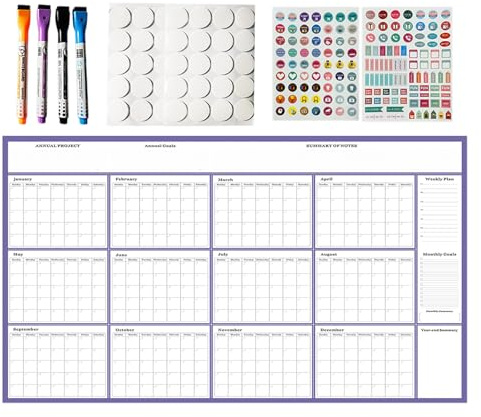 Grand calendrier mural réutilisable 2026 – Planificateur quotidien mensuel annuel avec marqueurs | Tableau de planification effaçable pour les rendez-vous, planification académique, vacances, nouvel a
